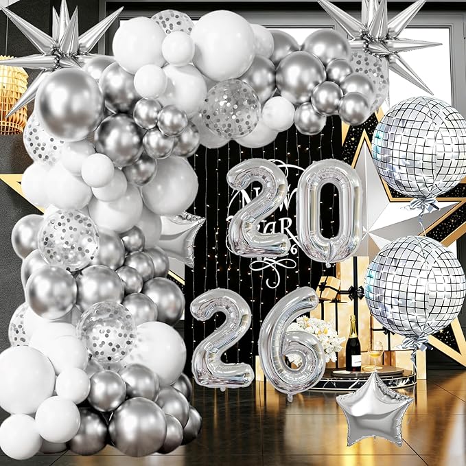 2026 New Year Balloons Disco Party Balloon Garland Arch Kit Metallic Silver White Balloons New Years Eve Decorations 2026 Foil Balloon for New Year Party Decorations