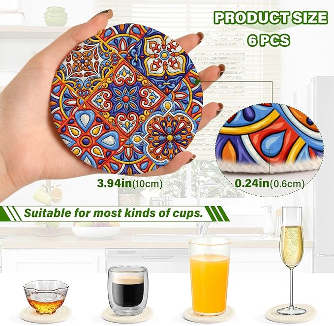 YETTASBIN Mexican Talavera 6 Pcs Drink Coasters with Holder, Cotton Woven Absorbent Heat-Resistant Round Coaster Non-Slip Table Mat for Kitchen Bar Home Decor Housewarming Gift, 3.9 in