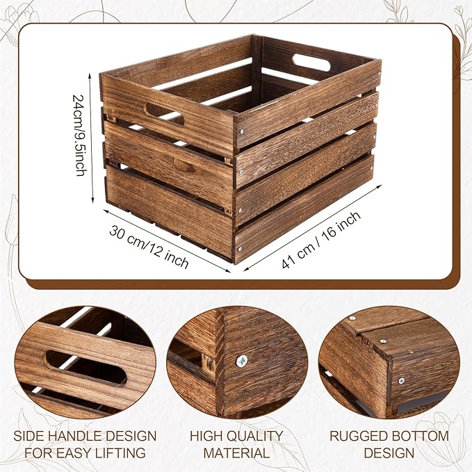 Weysat 3 Pack Large Wood Crates Box for Storage 16 x 12 x 9.5 Inches Unassembled Wooden Milk Crates with Handle Decorative Nesting Box for Display Rustic Decor DIY Office Home Retail Art Craft (Brown)
