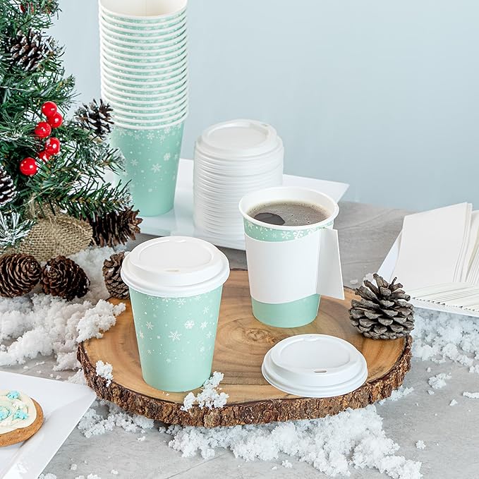 Restaurantware-Restpresso 12 Ounce Drinking Cups, 400 Hot Cups With Plastic Lids - Snowflake Design, Disposable, Light Blue Paper Coffee Cup, For Christmas Parties, Serve Hot And Cold Drinks