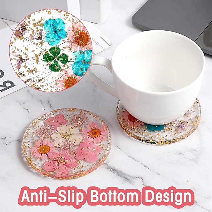 2 Pack Dried Floral Coasters, Flower Drink Resin Coasters Non-SlipDrink Cup Mat for Tabletop Protection Reusable Round Kitchen Utensils for Dining Cups Coffee Bar Mugs Table Wooden Desk
