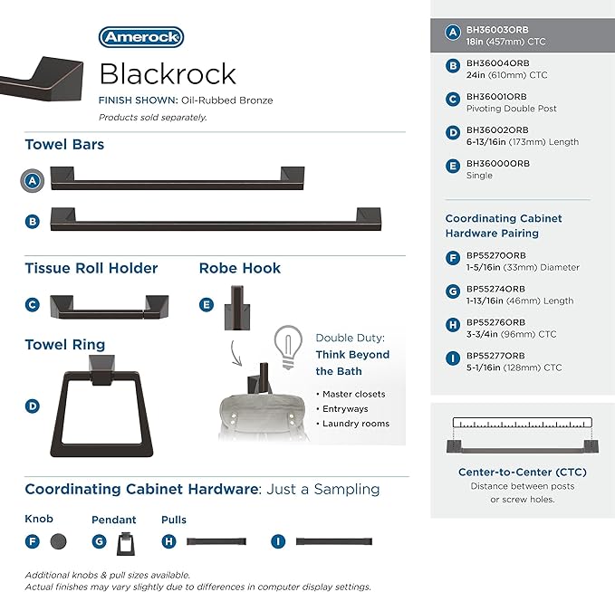 Amerock BH36003ORB | Oil Rubbed Bronze Towel Bar | 18 in (457 mm) Towel Rack | Blackrock | Bathroom Towel Holder | Bathroom Hardware | Bath Accessories