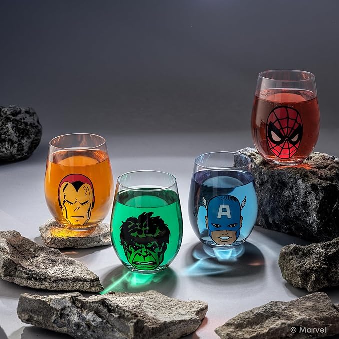 JoyJolt Marvel Heroes Stemless Drinking Glasses, 19oz Superhero Cups ft Hulk Captain America Spiderman and Iron Man, Avengers Glassware Set of 4, Marvel Gifts for Men and Women