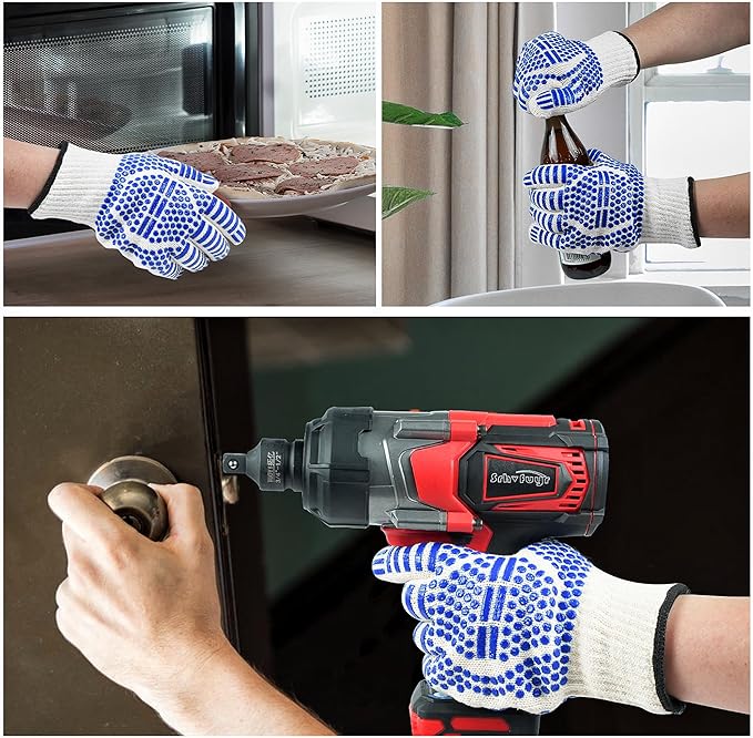 BBQ Gloves, Oven Gloves Extreme Heat & Cut Resistant Oven Mitts with Fingers for BBQ, Cooking, Grilling, Baking Grilling Gloves Silicone Non-Slip Oven Mitts, Kitchen Gloves (Blue)