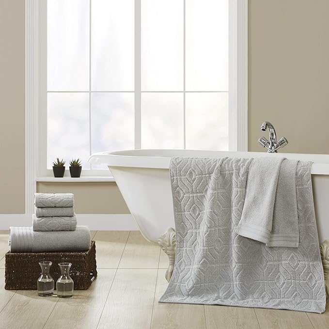 Modern Threads 6 Piece Cotton Bath Towel Set – Ultra Soft 550 GSM Towels – Bathroom Set with Hand Towels and Washcloths – Geometric (Silver Cloud)