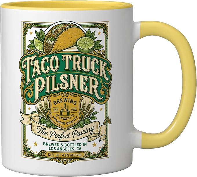 Taco Truck Pilsner Retro cerveza Funny Beer Label Ceramic Mug, Yellow/White