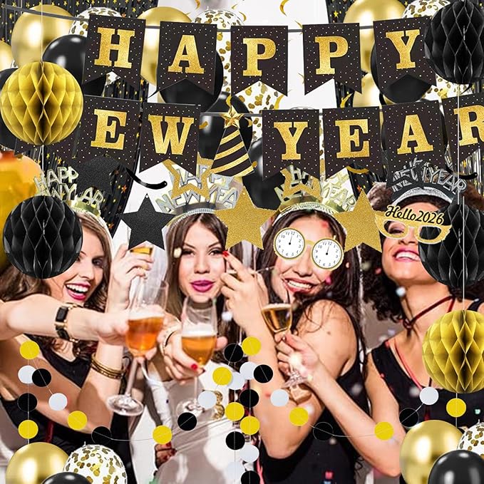 New Year's Eve Party Supplies 2026 - Happy New Year Banner, Balloons, Star Foil Streamers and Dot Garlant with Black Gold Honeycomb Ball Backdrop for 2026 New Year Decorations