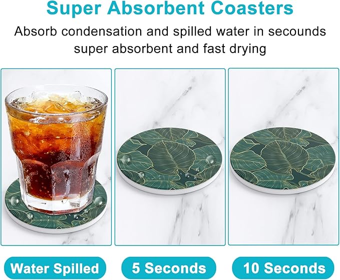 Nipichsha Coasters for Drinks, Set of 6 Cute Absorbent Ceramic Drink Coasters for Cup with Holder and Cork Base, Kitchen Home Decor Housewarming Gift, Round 4 in, Tropical Leaves