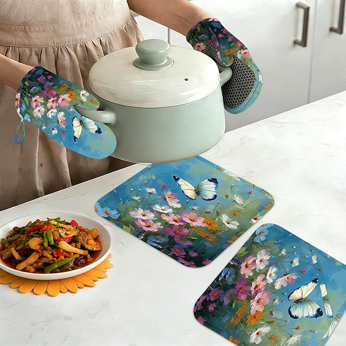 Oil Painting Wild Flowers Butterfly Oven Mitts and Pot Holders Set of 4, Heat Resistant Non Slip Kitchen Gloves Hot Pads,Chef Cooking Baking Gifts for Women Bakers,Kitchen Cooking Lover Cooks