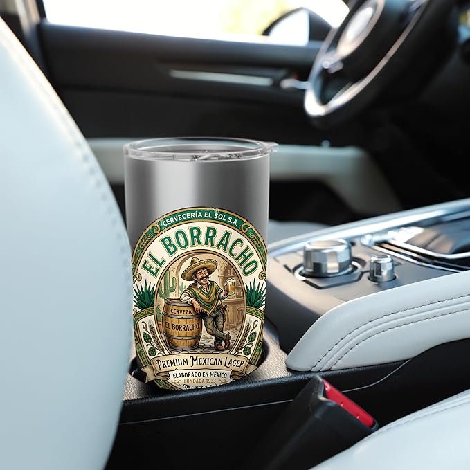 El Borracho The Drunk Mexican Cerveza Retro Beer Label Stainless Steel Insulated Tumbler