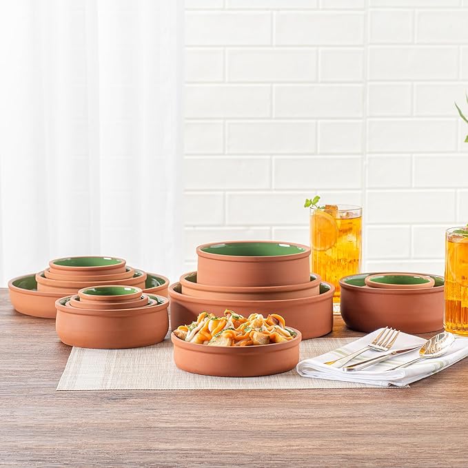 Restaurantware-Terra Tek 15.2 Ounce Terracotta Cazuelas, 2 Green Glazed Clay Pots For Cooking - Oven-Ready, Microwavable, Terracotta Serving Pots, Dishwashable, For Cooking And Serving