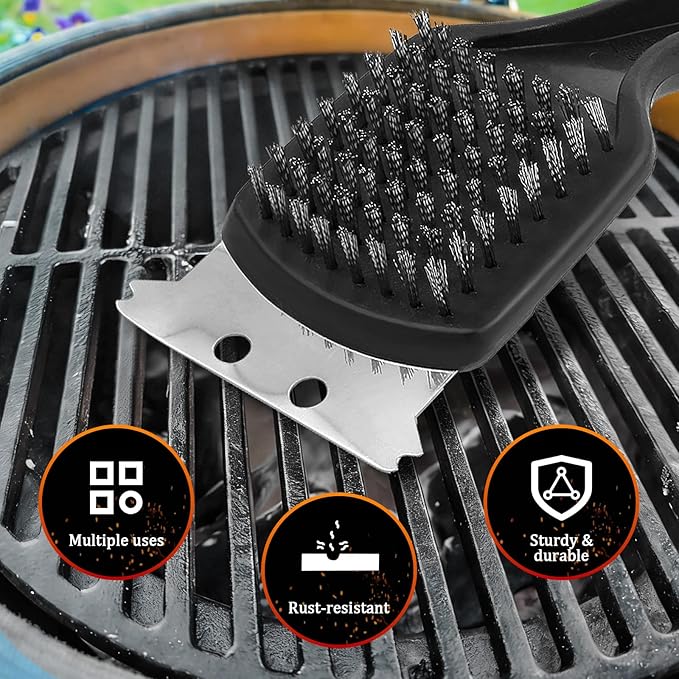 15.75” Grill Brush - Heavy Duty BBQ Scraper with Ergonomic Non-Slip Grip & Steel Bristles, Deep Clean Outdoor Grill Grates Without Bending (Safer, Long Handle)