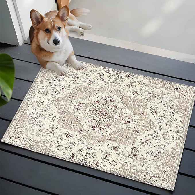 Beige Boho 2x3 Door Mat Rug, Vintage Ethnic Floral Non-Skid Rubber Backing Large Rectangle Rugs - Living Room Bedroom Home Office, Abstract Art Geometric Indoor Floor Mat Carpets Washable Rug