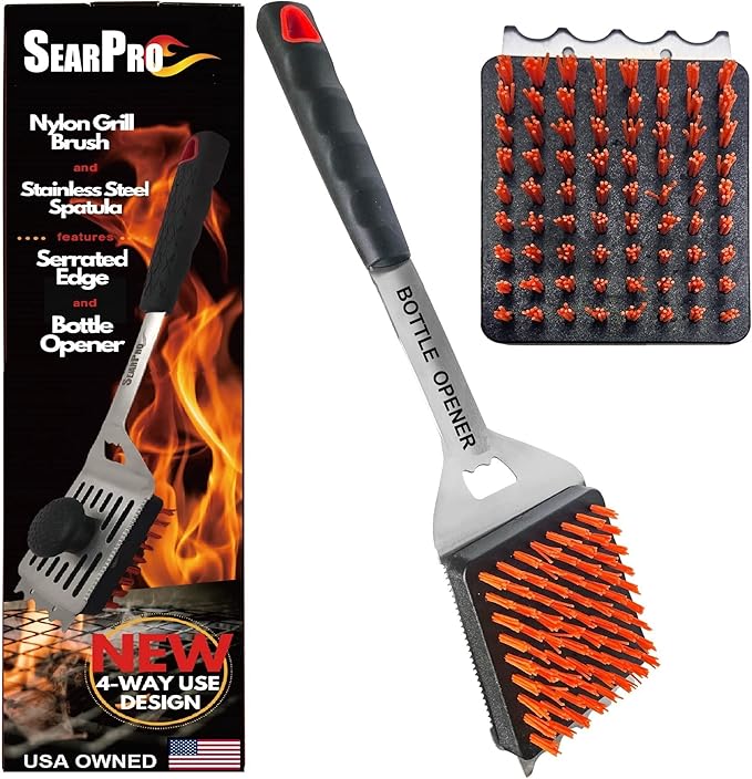 4-in-1 Grill Brush Combo by SearPro BBQ Cleaner Scraper Barbecue Tool Accessories Kit Heat Resistant Nylon Bristle Spatula Outdoor Smoker Black Stone Grate Cast Iron Spatula Non-Wire Brush (4 in 1)