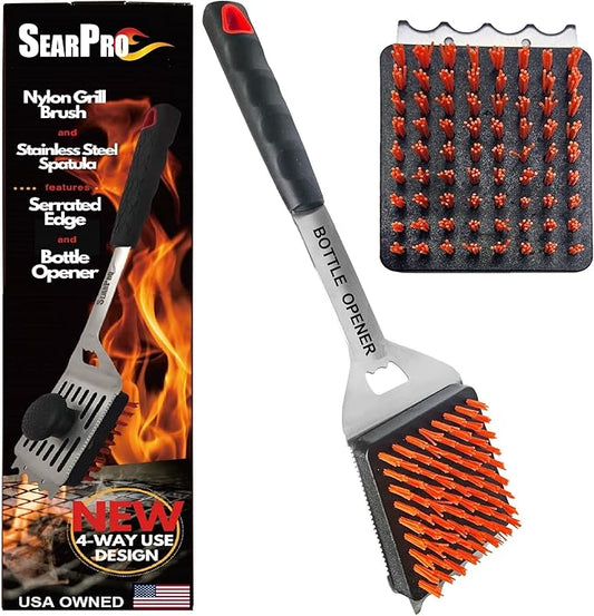 4-in-1 Grill Brush Combo by SearPro BBQ Cleaner Scraper Barbecue Tool Accessories Kit Heat Resistant Nylon Bristle Spatula Outdoor Smoker Black Stone Grate Cast Iron Spatula Non-Wire Brush (4 in 1)