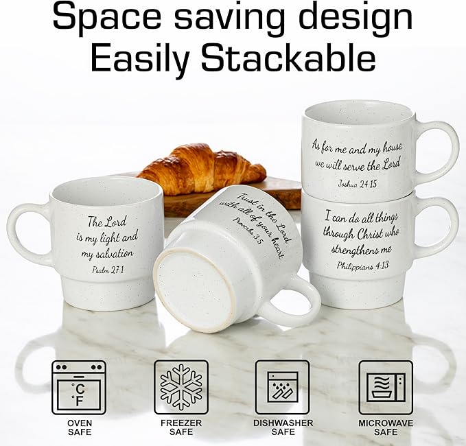 Signature Housewares Stackable Coffee Mug Tower Set with Metal Wire Rack - 15 Ounce Coffee Mugs for Coffee, Tea, Cocoa, Milk, Cappuccino, Hot Chocolate Set of 4 - Inspirational Bible Verses