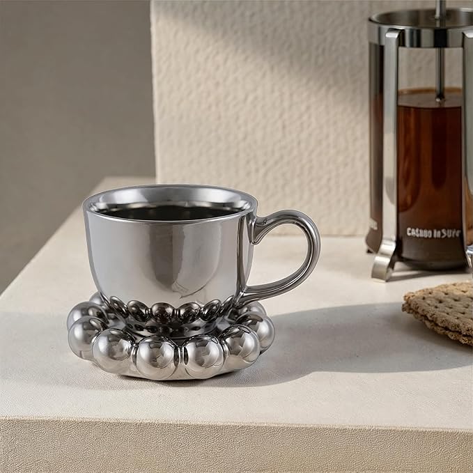 Bloomingville 12-Ounce Stoneware Mug with Ball Edge Saucer, Chrome-Finish