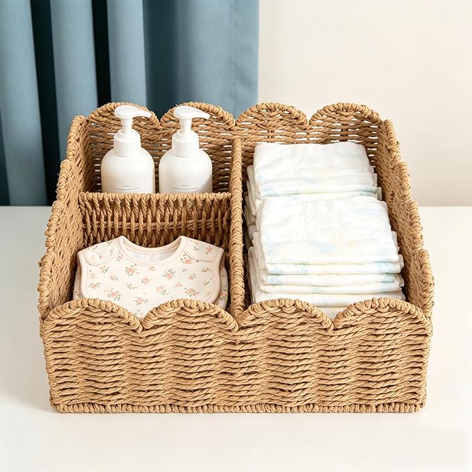 Rattan Divided Scalloped Basket,Wicker Diaper Caddy Scalloped Baske,Woven Natural Basket with 4 Dividers,Suitable for Baby Rooms, Bathrooms, Bedrooms (Paper Rope)