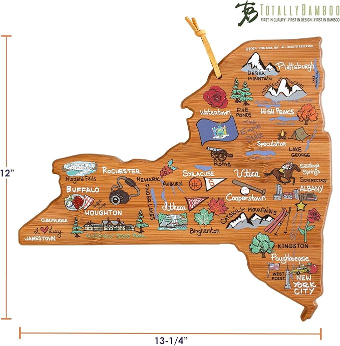 Totally Bamboo New York State Shaped Cutting Board and Charcuterie Serving Platter with Artwork by Fish Kiss, Includes Hang Tie for Wall Display