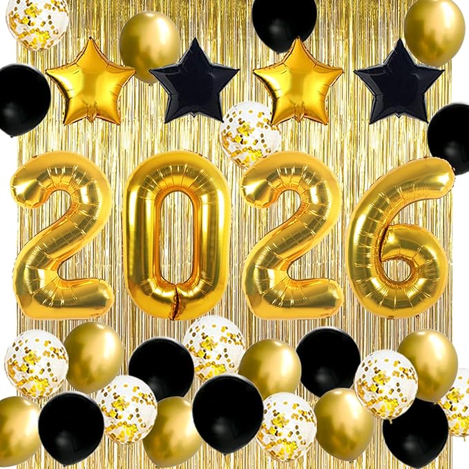JOJO FLY New Years Eve Party Decorations Kit, Gold 2026 Balloons, Black and Gold Balloons Set, Gold Foil Curtain, Graduation Decorations, New Years Eve Party Supplies 2026