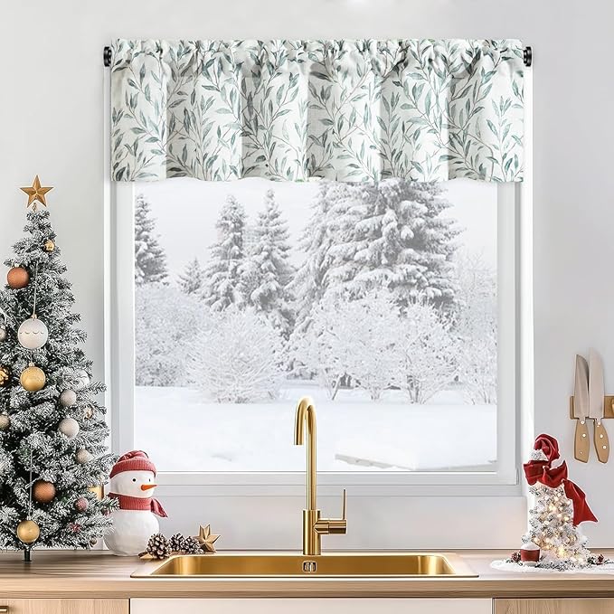 Leeva Linen Kitchen Valances for Kids Room & Porch - Energy Efficient Leaves Print Rod Pocket Small Drapes for Bedroom, 52 x 12, Blue, One Panel