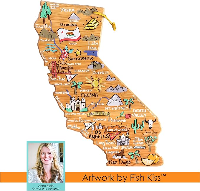Totally Bamboo California State Shaped Cutting Board and Charcuterie Serving Platter with Artwork by Fish Kiss, Includes Hang Tie for Wall Display