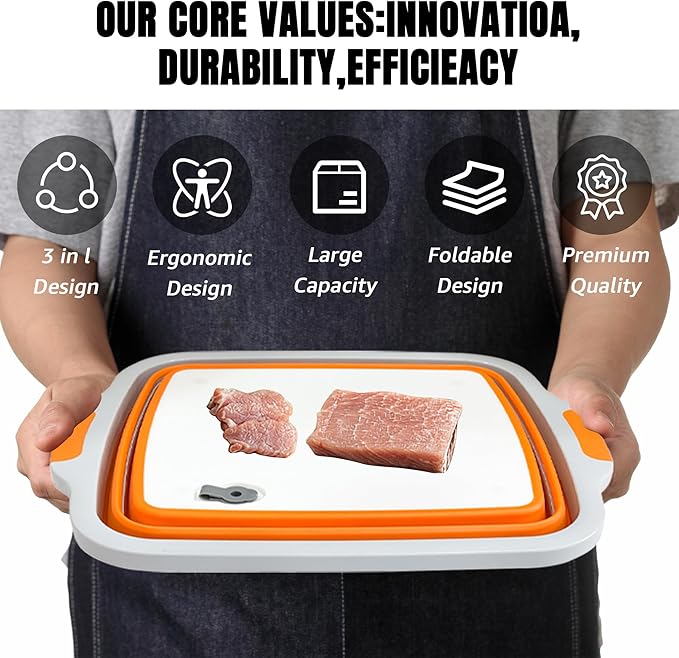 Collapsible BBQ Prep Tub with Locking Cutting Board Lid & Strainer – Portable Grill Prep Station for Marinating & Food Prep, Foldable Camping Sink for BBQ, Picnic & Outdoor Cooking (Orange)