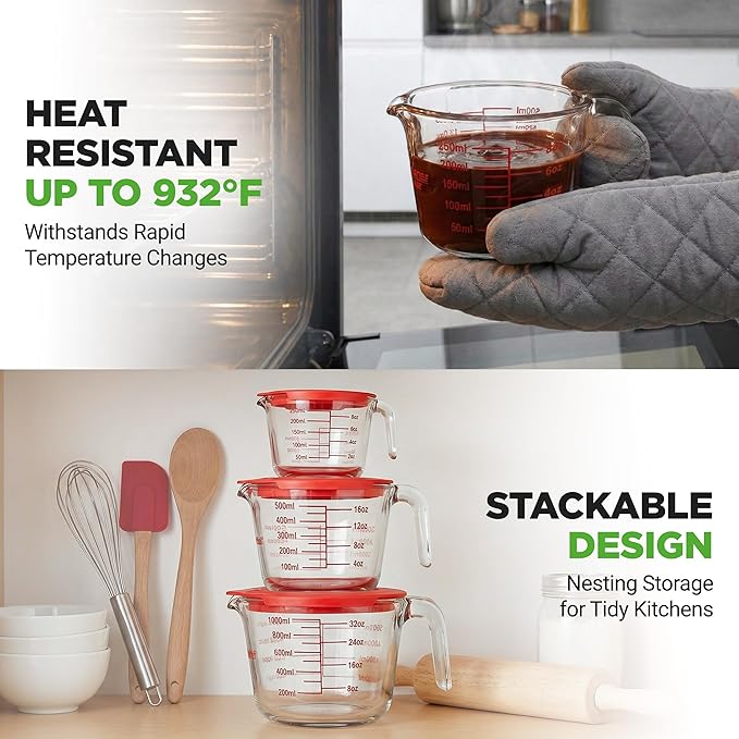 NutriChef 1,2 and 4 Cups Glass Measuring Cup Set with Lids (8, 17 and 34 oz) - Heat-Resistant Borosilicate Liquid Measure Cups with Easy-Read Scale for Cooking, Baking & Food Storage, Dishwasher Safe