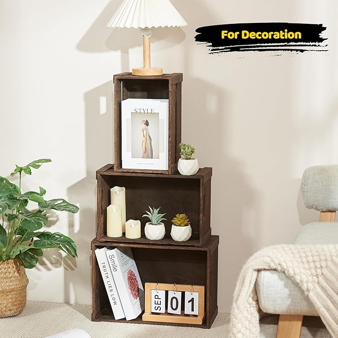 Edergoo Wooden Crates 3 Pack, Nesting Handmade Wood Crates for Storage, No Installation Wooden Storage Box with Cutout Handle for Display & Decor, Brown