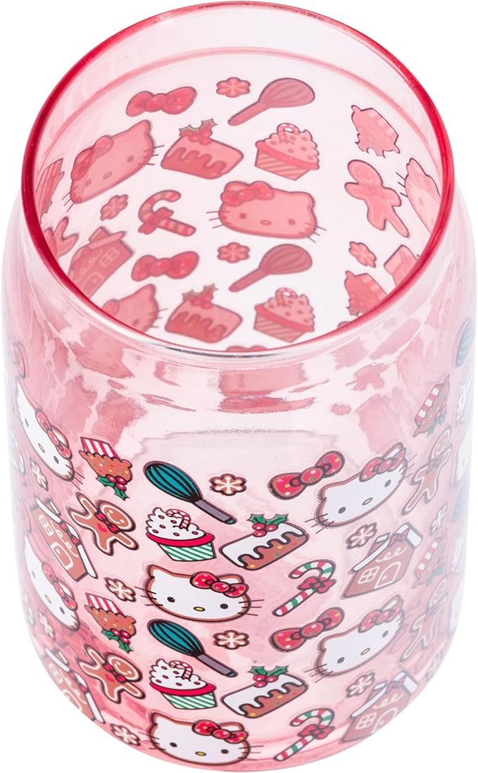 Silver Buffalo Sanrio Hello Kitty Gingerbread Cookies Christmas Holiday Pink Glass Jar Tumbler with Bamboo Lid and Glass Straw, 16 Ounces