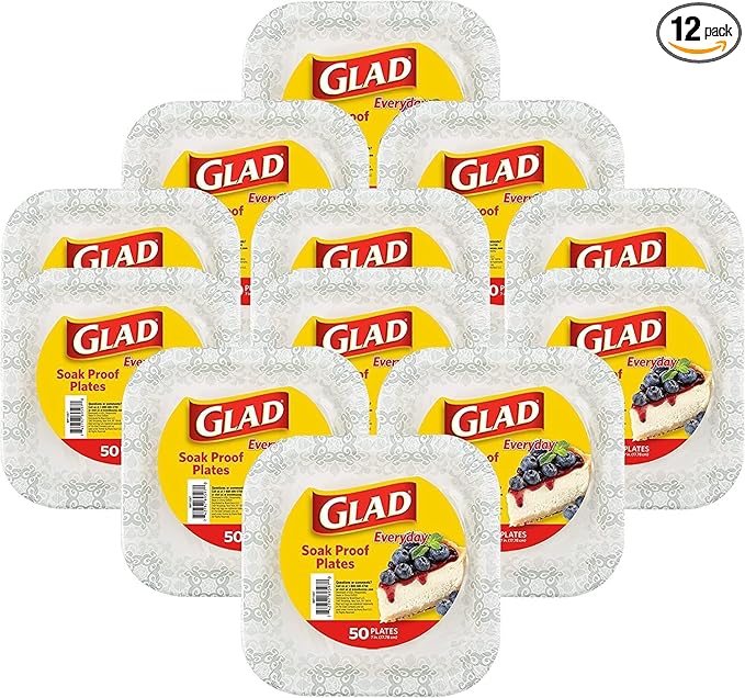 Glad Square Heavy Duty Paper Plates, Soak Proof and Cut Proof Disposable Plates for Parties and Everyday Meals, Microwaveable for Easy Serving, Grey Victorian Pattern, 7 Inch, 50 Count - 12 Pack