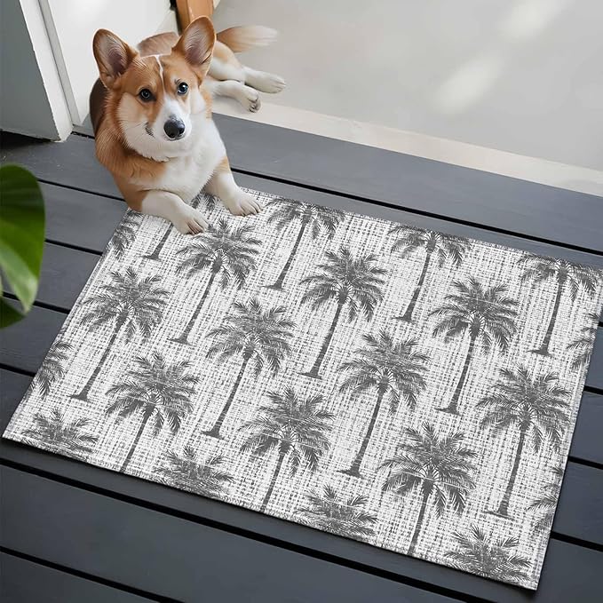 Area Rug 2x3ft, Summer Palm Tree Retro Linen Washable Rugs for Living Room Bedroom, Tropical Gray Botanical Soft Non-Slip Area Rugs Rectangle Floor Carpet for Dining Room