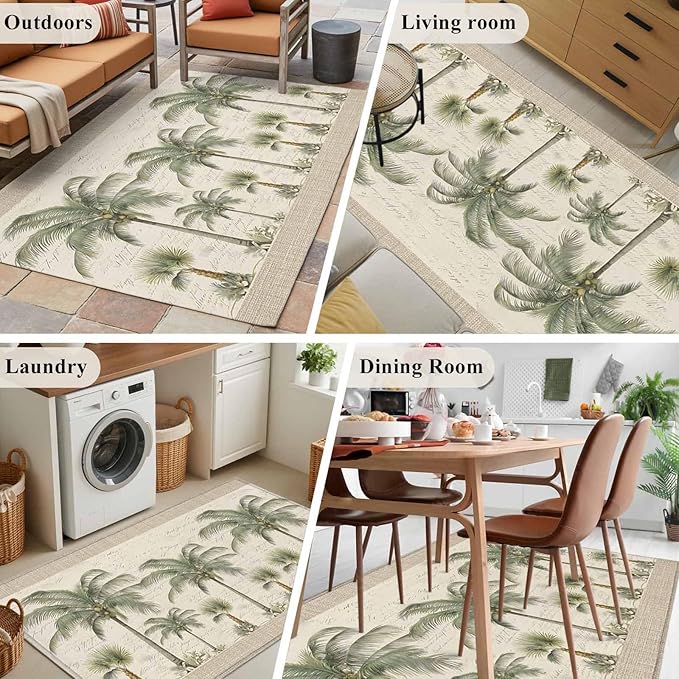 Area Rug 4x6ft, Coastal Tropical Olive Green Palm Trees Washable Rugs for Living Room Bedroom, Classic Retro Linen Soft Non-Slip Area Rugs Rectangle Floor Carpet for Dining Room