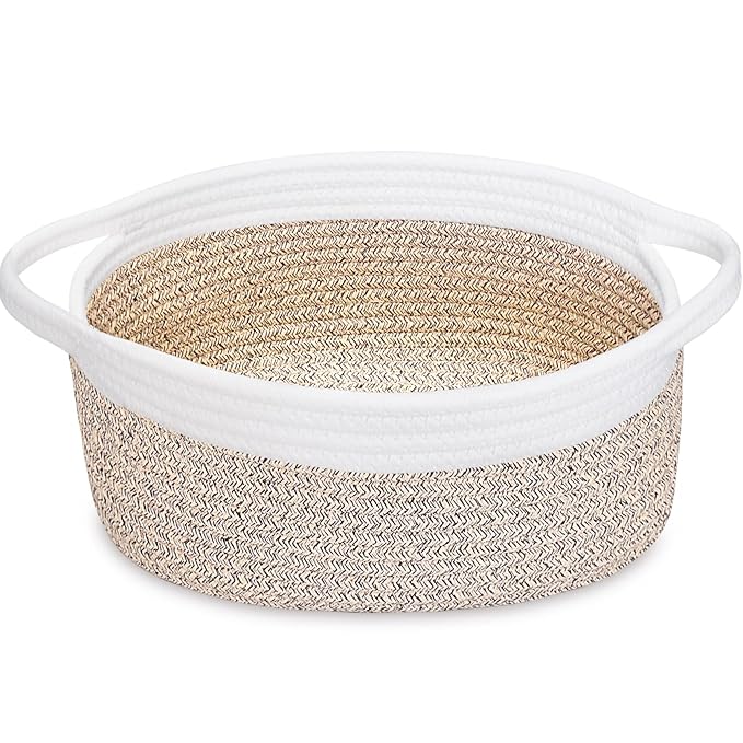 ABenkle Small Woven Basket, 12" x 8" x 5" - Cute Storage Basket with Handles for Room, Cat & Dog Toys, Gift Box
