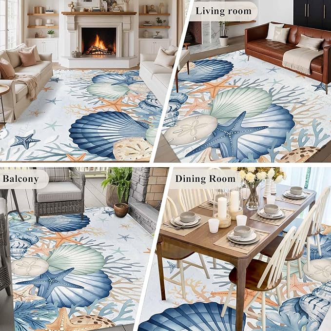 Area Rug 6x9ft, Underwater Shells Starfish on Blue Washable Rugs for Living Room Bedroom, Colorful Coral Soft Non-Slip Area Rugs Rectangle Floor Carpet for Dining Room