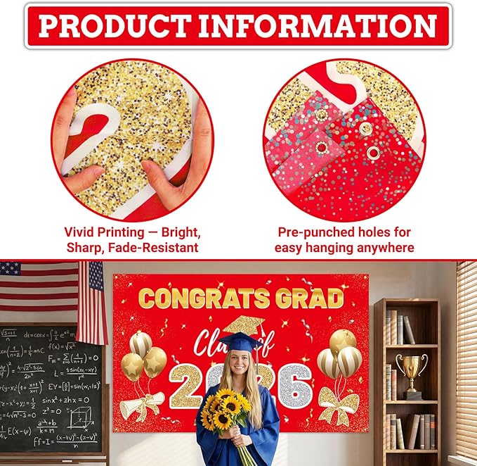 Red 2026 Graduation Party Decor Kit-Includes Backdrop, Banner, Balloons, Hanging Ornaments & Honeycomb Decorations for Class of 2026 -Full Set for High School and University Graduation Events
