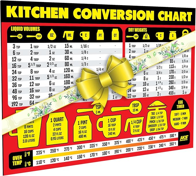 Kitchen Measurement Conversion Chart Magnet - Extra Large Easy to Read Magnetic Kitchen Decor - Weight, Liquid, Temperature Recipe Measuring Tool - Cooking, Cookbook & Baking Accessories Fridge Magnet