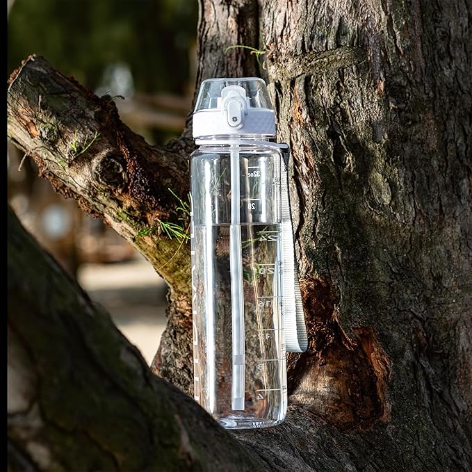 GOPPUS Water Bottle Clear Water Bottle with Straw 32oz Plastic Water Bottles BPA Free Tritan Wide Mouth Bottle Leakproof Motivational bottles water for Gym,Hiking,School or Office(1 Bottles)