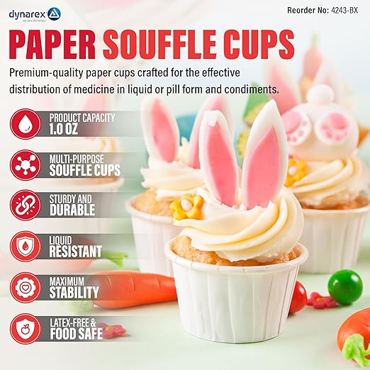 Dynarex Paper Medicine Cups - 1 oz Disposable Souffle Cups for Pills & Meds - Small Paper Cups with Tightly Rolled Edges, Box Pleats - for Hospitals, Patient Care, Home Use - 250 per Box, 20 Boxes