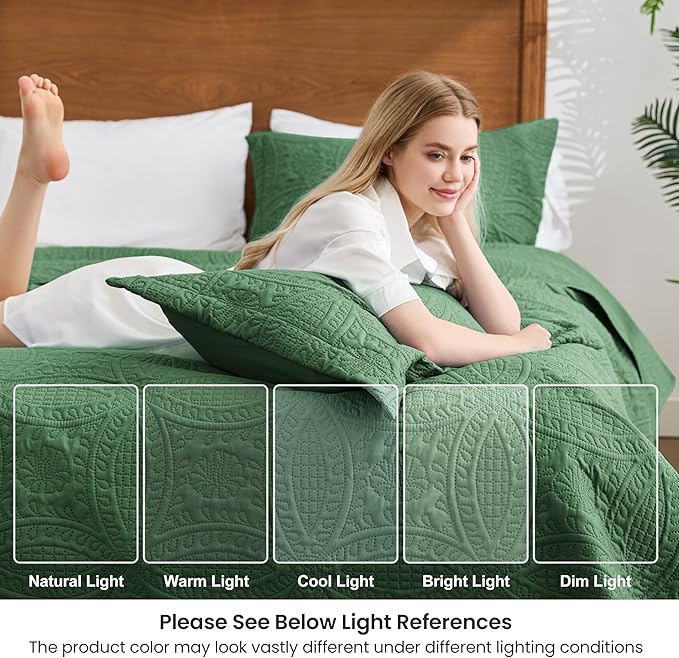 Love's cabin Oversized King Size Quilt Bedding Set Olive Green Bedspreads - Oversized King Lightweight Bedspread Comforter - Coin Pattern Coverlet for All Season - 3 Pieces (1 Quilt, 2 Pillow Shams)