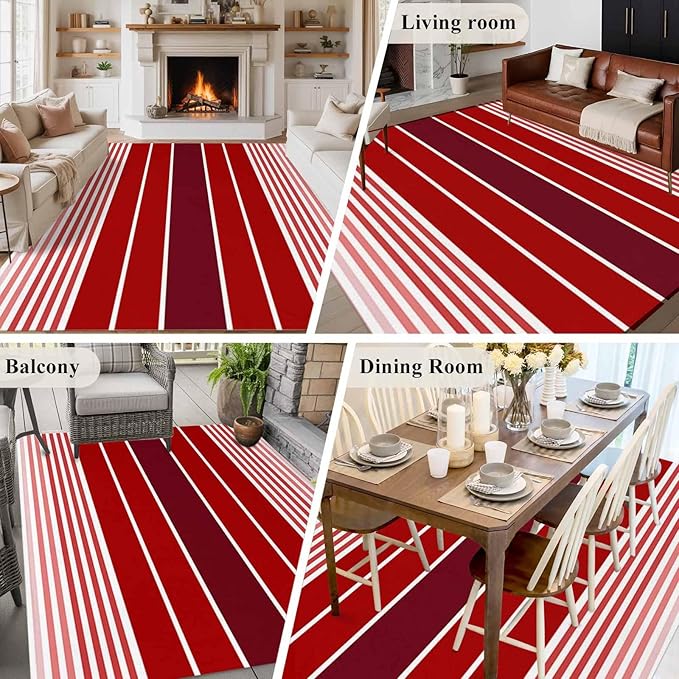 Area Rug 6x9ft, Abstract Gradient Red White Stripes Washable Rugs for Living Room Bedroom, Ombre Modern Art Soft Non-Slip Area Rugs Rectangle Floor Carpet for Dining Room