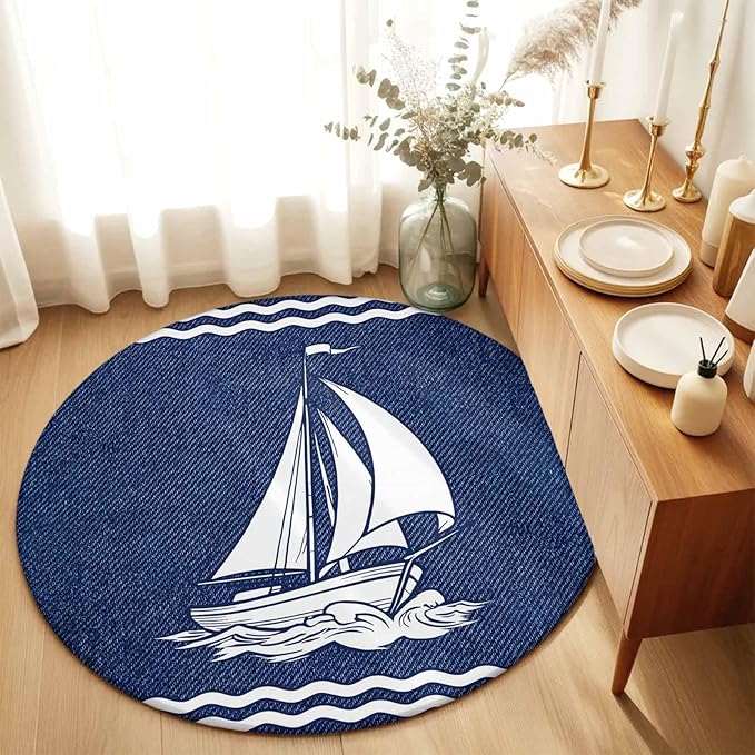 Washable Round Area Rug Nautical Sailing Boat on Steel Blue Circle Rugs Floor Carpet for Living Room Bedroom, Vintage Water Waves Soft Non Slip Round Rug 5ft
