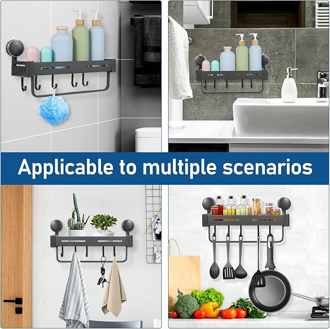 GLEAVI Suction Cup Kitchen Shelf Rack Gray Wall-mount Spice Rack Organizer with Hooks for Pantry Storage and Kitchen Sink Organization