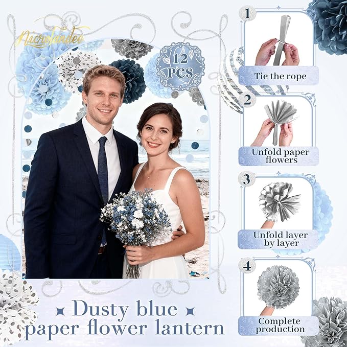 NICROLANDEE Dusty Blue Wedding Decorations, 15 PCS Tissue Pom Poms Paper Garland Decoration for Something Blue Bridal Shower Bachelorette Party Baby Shower Decorations