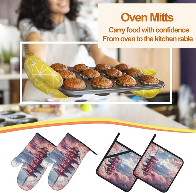 Cherry Blossom Mount Fuji Oven Mitts & Potholder Set of 4 - Heat Resistant Kitchen Gloves Hot Pads for Baking, Cooking, Gifts for Women