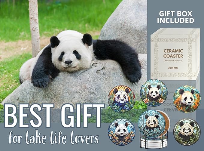 Panda Gifts for Girls Women Adults, Panda Coaster Home Decor for Birthday Christmas Thanksgiving, Set of 6, Ceramic, Absorbent with Cork Base