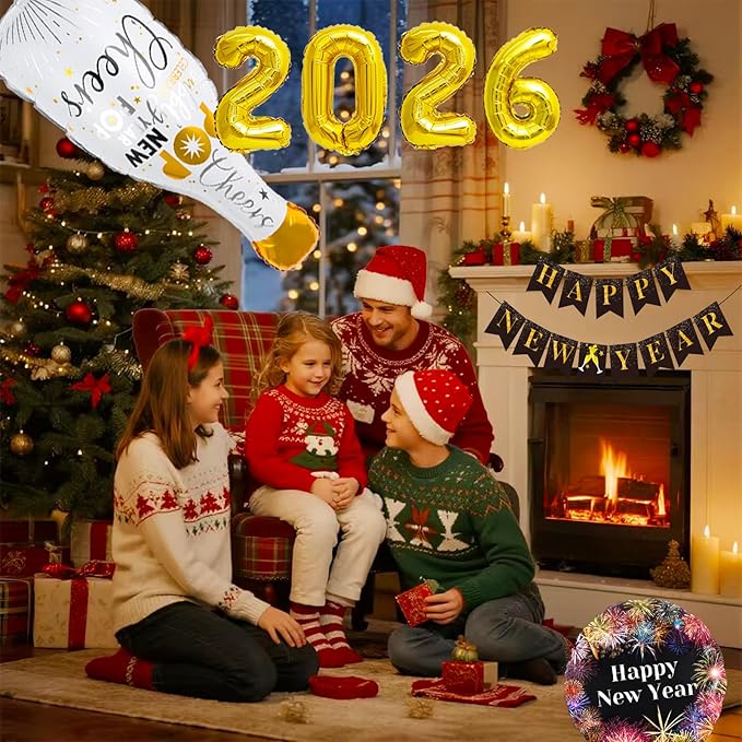 2026 New Years Eve Party Supplies, Happy New Year Decorations 2026, New Years Decorations Kit with 2026 Balloons, Happy New Year Banner, Gold and Black Balloons, Fringe Curtain for NYE Decoration