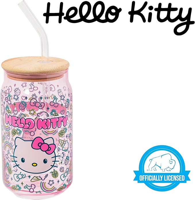 Silver Buffalo Sanrio Hello Kitty Neon Fruits Rainbows and Hearts Pattern Glass Jar Tumbler with Bamboo Lid and Glass Straw, 16 Ounces