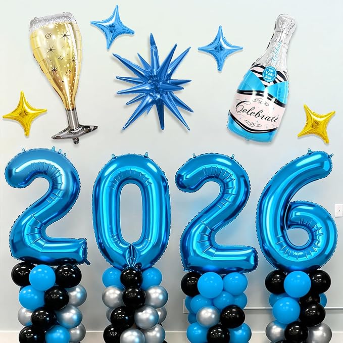 Blue 2026 Balloons, 40 Inch Number 2026 Blue Foil Balloons, Blue Gold Star Balloon, Champagne Bottle Glass Balloon for Happy New Years Eve Party Supplies 2026 Class of 2026 Graduation Decorations
