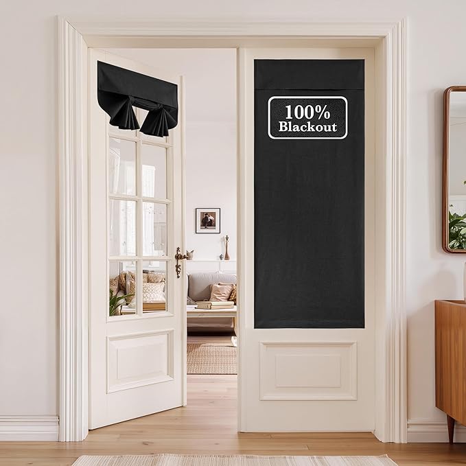 NICETOWN 100% Blackout Linen Black Door Curtains for Window, Privacy French Door Curtain 69 Inches Long for Kitchen Living Room, Room Darkening Tie Up Shade, 1 Panel, 36W x 69" L